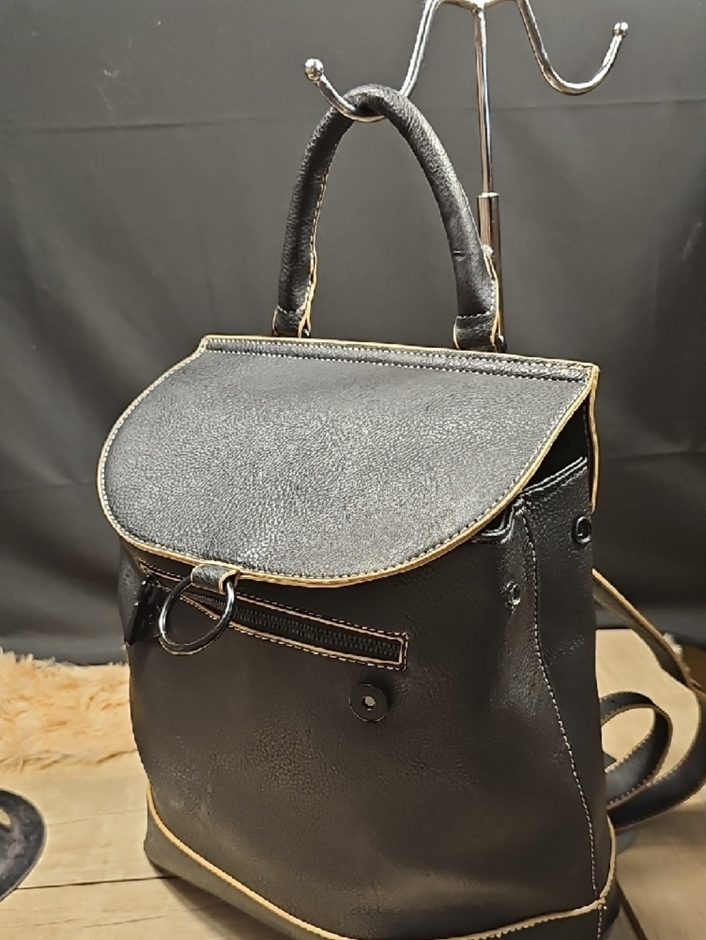 Black Faux Leather Backpack with Gold Ring Accent